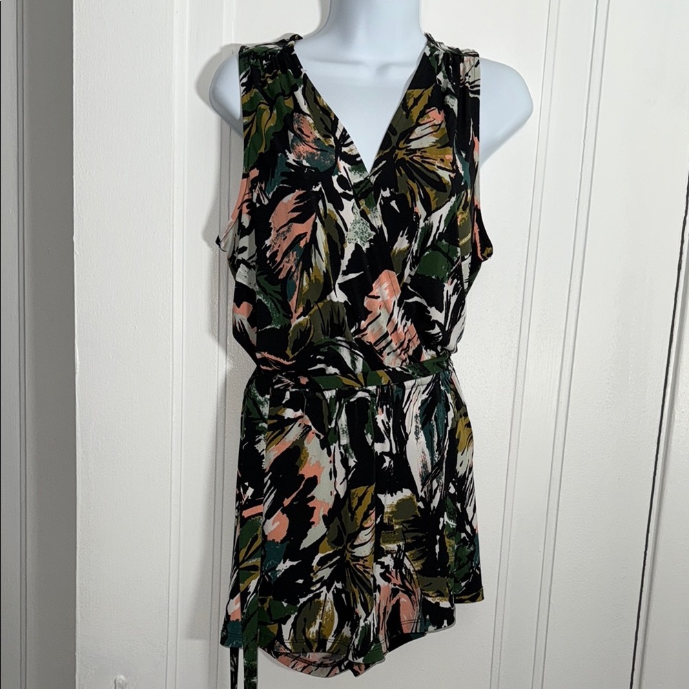 Allison Joy Black Floral Print Sleeveless Romper with Belt